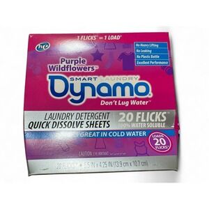 Dynamo Laundry Detergent Sheets Purple Wildflowers 20 Flicks Washing New in Box
